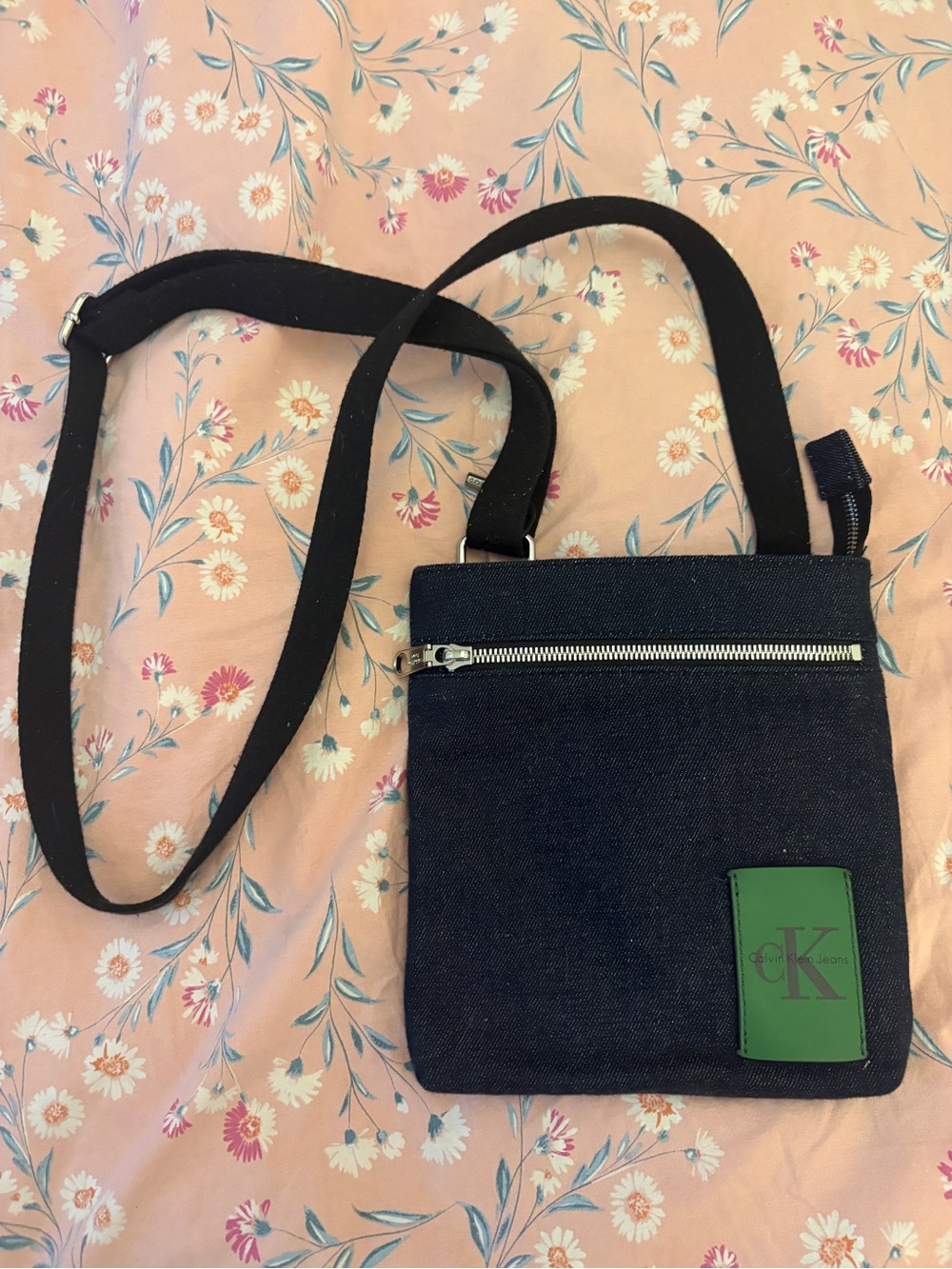 Calvin Klein Dark Blue Denim Crossbody with Green Logo Patch